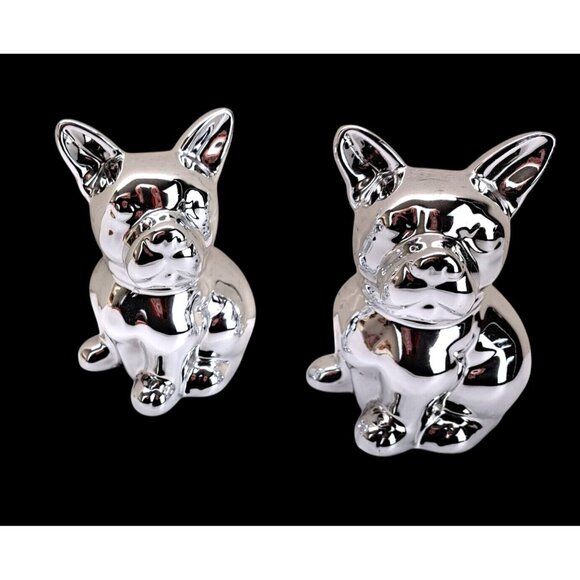 French Bulldog Figurine Set Of 2 Frenchie Dog Puppy Ceramic Silver Mirror Chrome - Picture 11 of 11